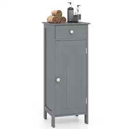 Costway - Bathroom Storage Floor Cabinet Organizer Free-Standing w/ Drawer - Gray