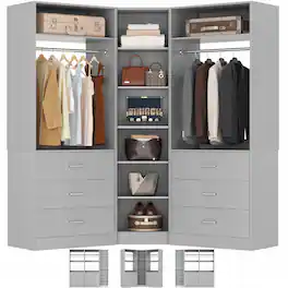 Aheaplus - 3-Piece Closet Organizer: 6 Drawers, 10 Shelves, 1500LBS Capacity (L/I-Shaped) - Gray