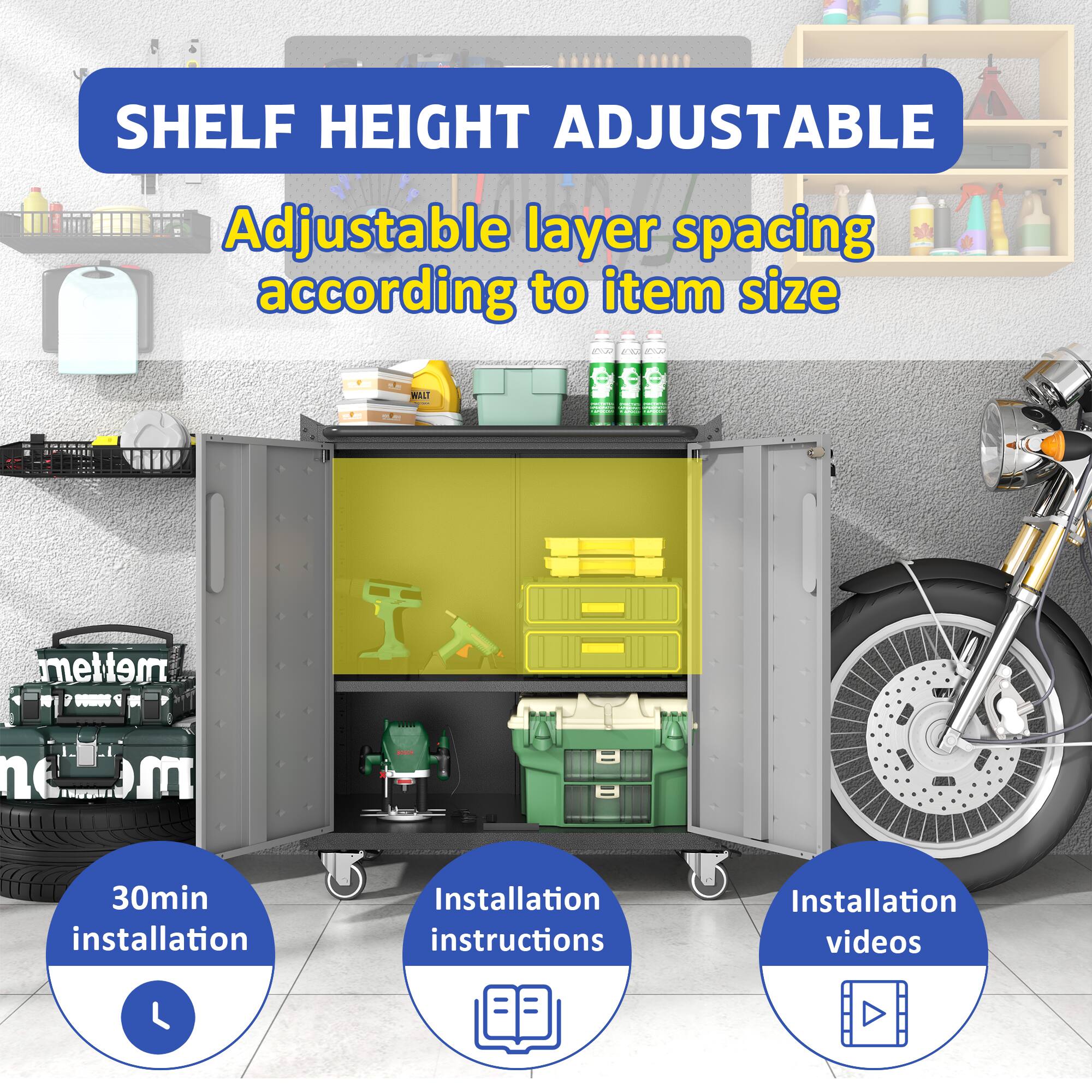 SHELF HEIGHT ADJUSTABLE  
Adjustable layer spacing according to item size  

30min installation  
Installation instructions  
Installation videos