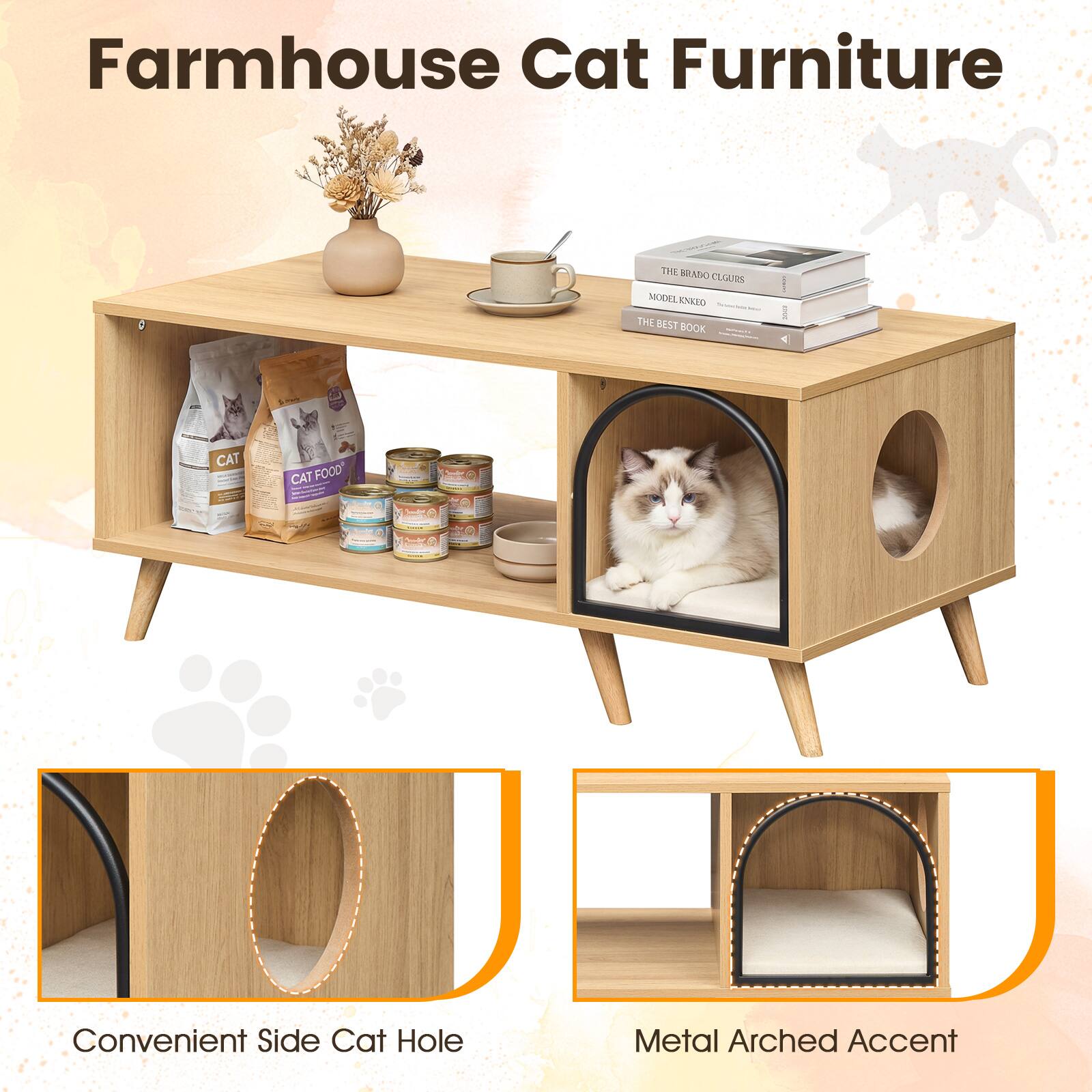 Farmhouse Cat Furniture

- The BRATICI CLGUES MODEL CNEEO THE BEST BOOK
- CAT FOOD
- Convenient Side Cat Hole
- Metal Arched Accent