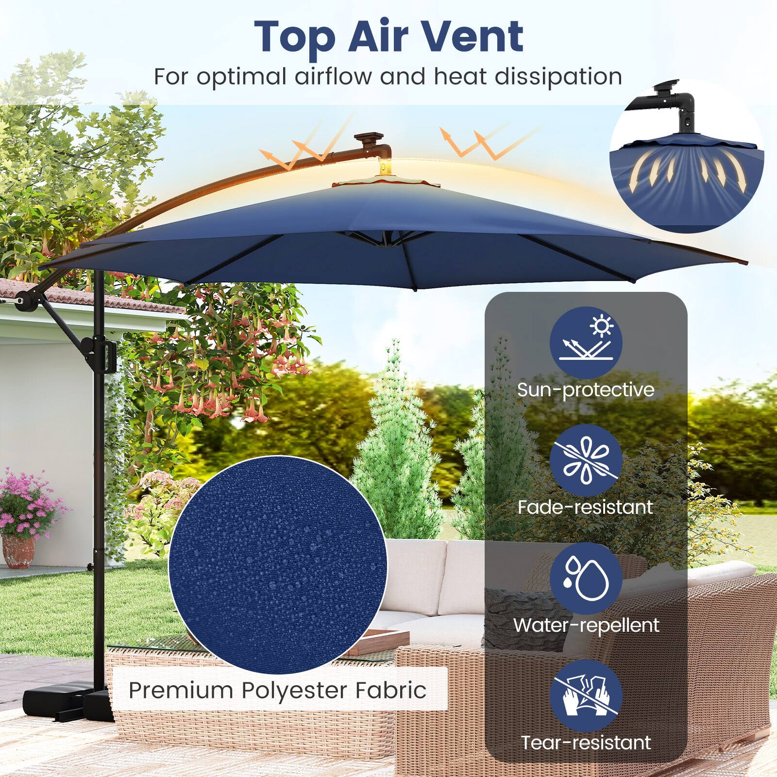 Top Air Vent  
For optimal airflow and heat dissipation  

Premium Polyester Fabric  

Sun-protective  
Fade-resistant  
Water-repellent  
Tear-resistant