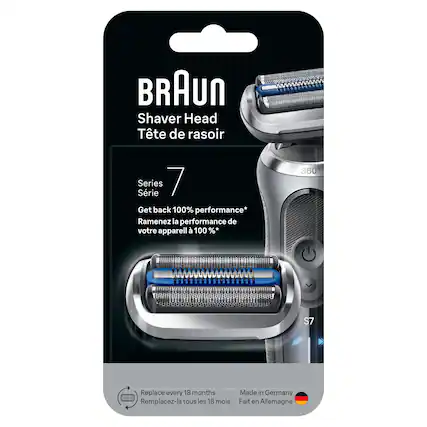BRAUN Shaver Head
Tête de rasoir
Série 7
Get back 100% performance*
Ramenez la performance de votre appareil à 100 %*
Replace every 18 months
Remplacez-la tous les 18 mois
Made in Germany
Fait en Allemagne