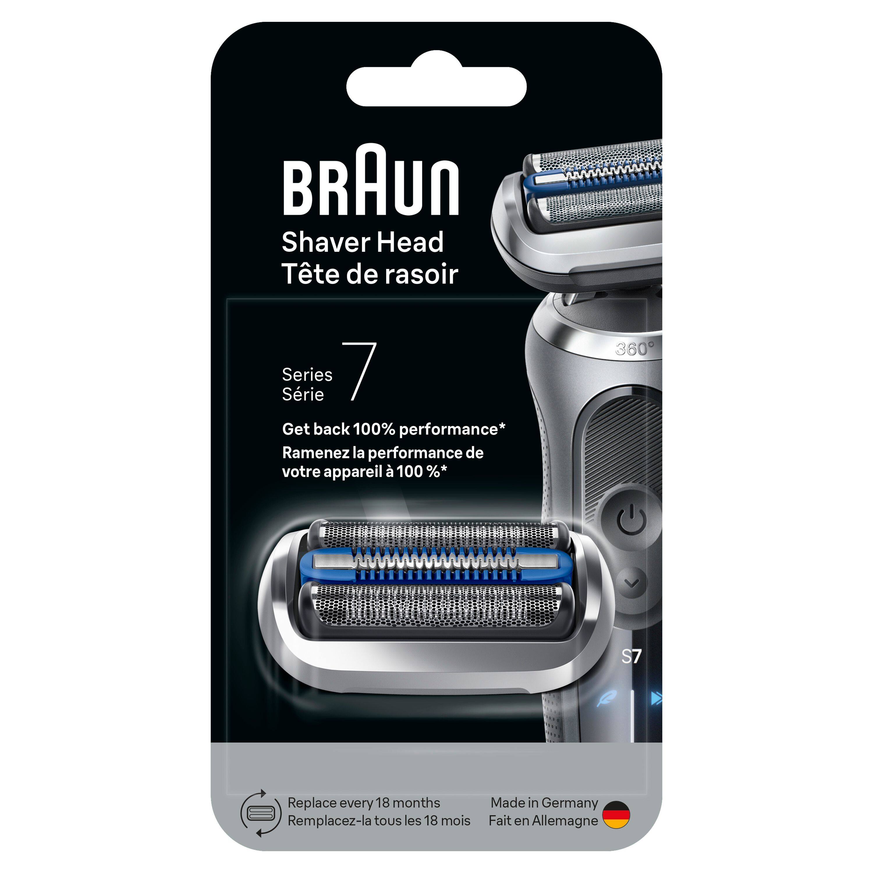 BRAUN Shaver Head  
Tête de rasoir  
Série 7  
Get back 100% performance*  
Ramenez la performance de votre appareil à 100 %*  
Replace every 18 months  
Remplacez-la tous les 18 mois  
Made in Germany  
Fait en Allemagne