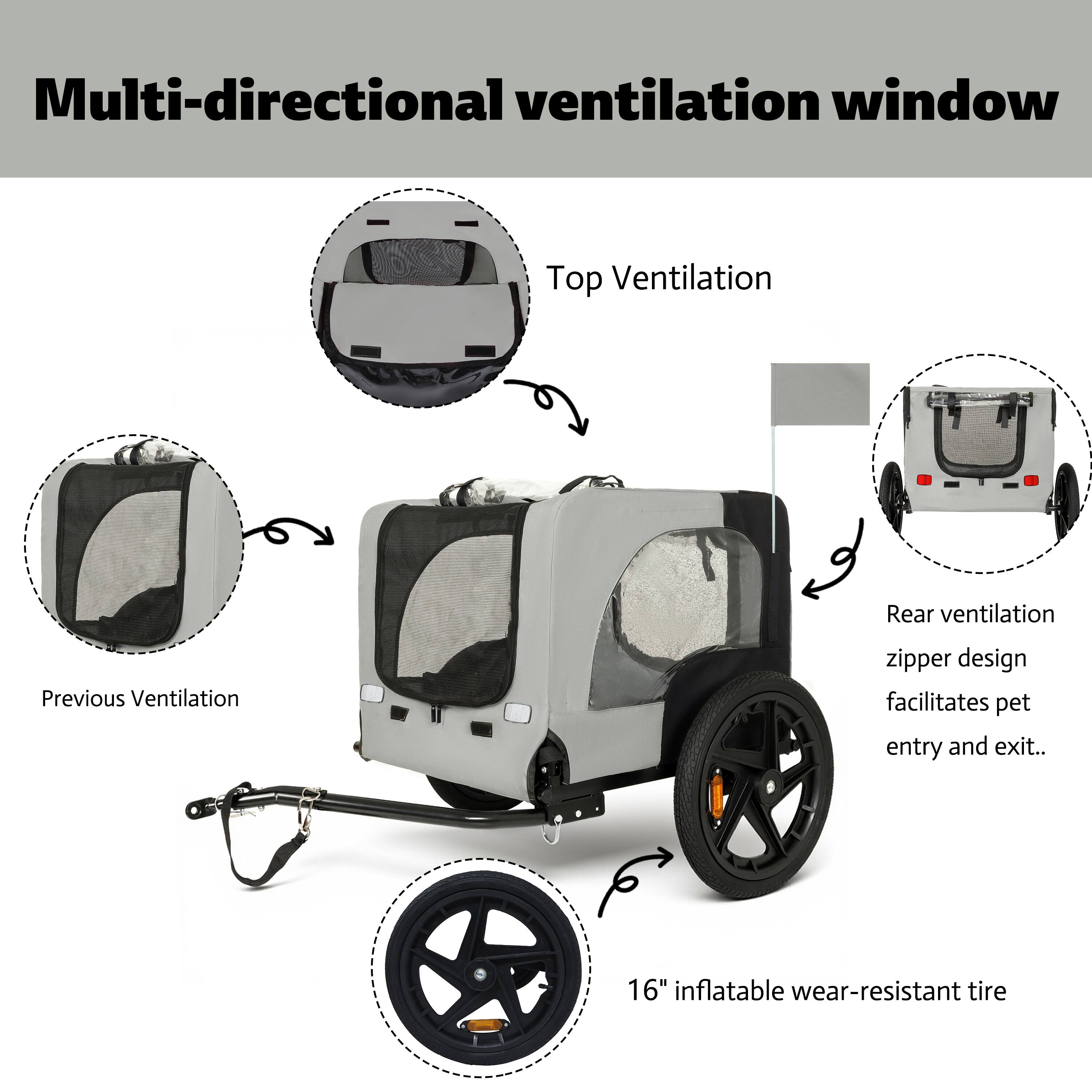 Multi-directional ventilation window

- Top Ventilation
- Previous Ventilation
- Rear ventilation zipper design facilitates pet entry and exit.
- 16" inflatable wear-resistant tire