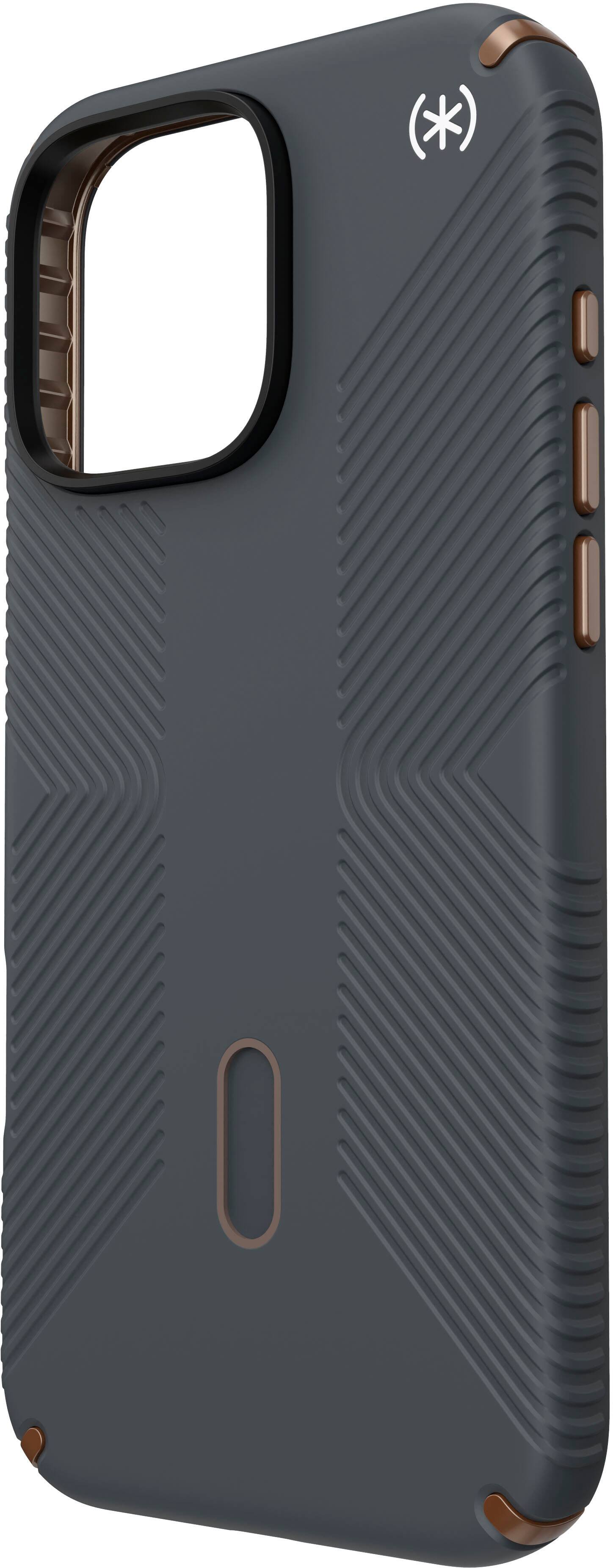 Angle. Speck - Presidio2 Grip ClickLock Case with MagSafe for Apple iPhone 16 Pro Max - Charcoal Grey.
