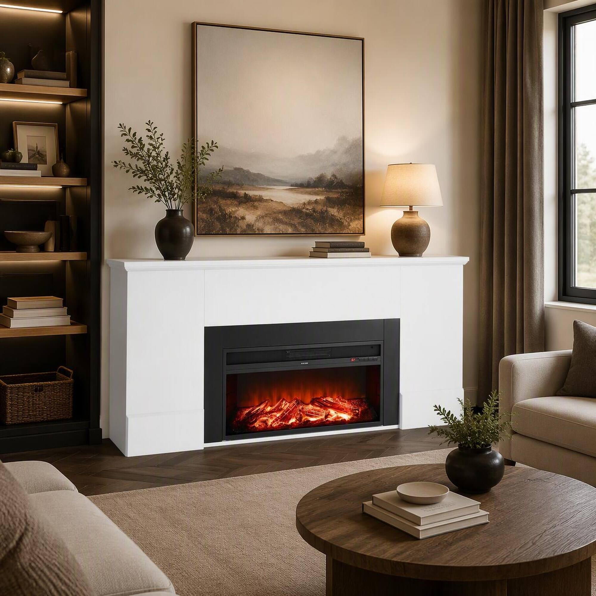 Angle. RYHNUYNE - 75 Inch White Freestanding Electric Fireplace Heater With Mantel, Adjustable Flames Remote Timer Overheat Protection - Black White.
