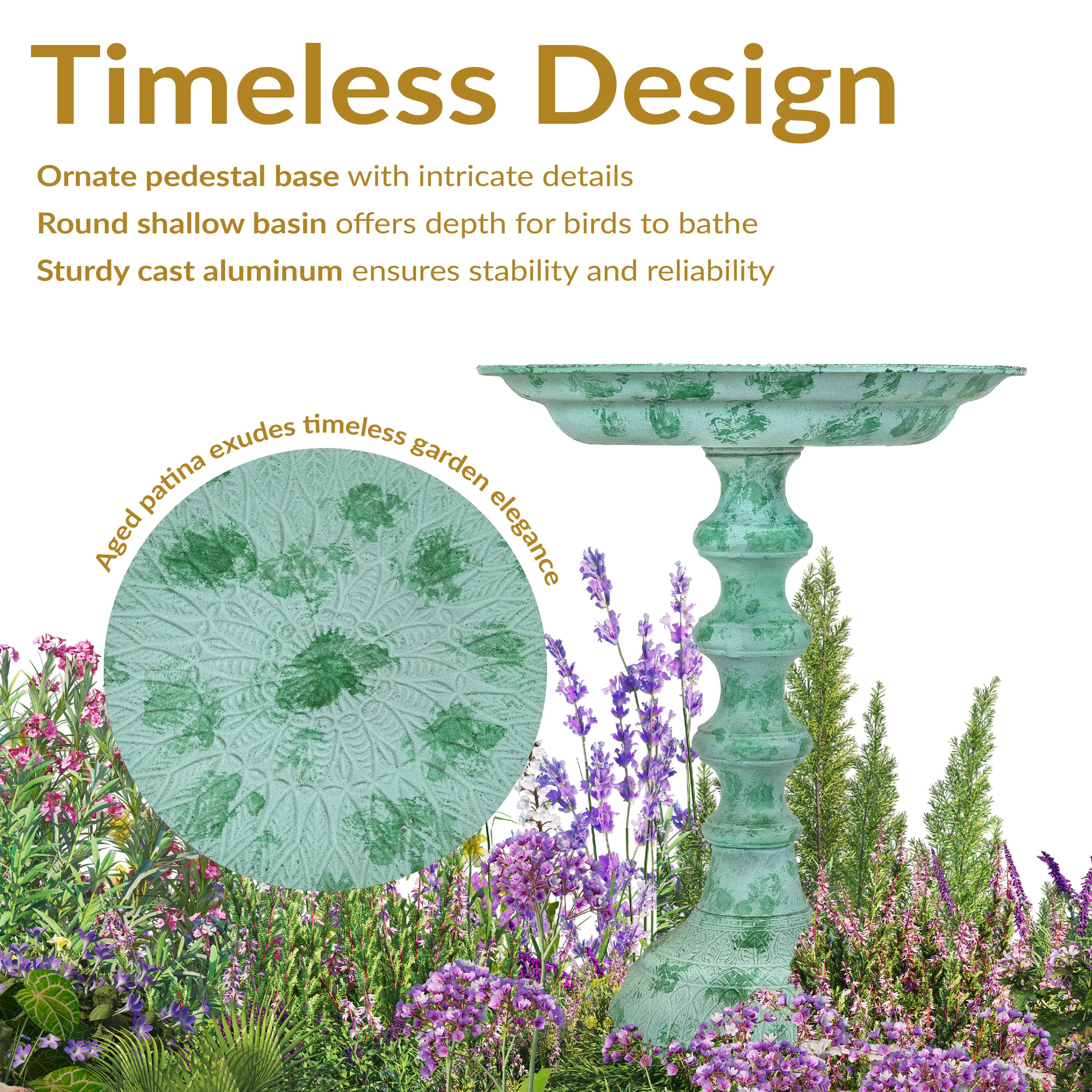 Timeless Design

Ornate pedestal base with intricate details  
Round shallow basin offers depth for birds to bathe  
Sturdy cast aluminum ensures stability and reliability  

Aged patina exudes timeless garden elegance