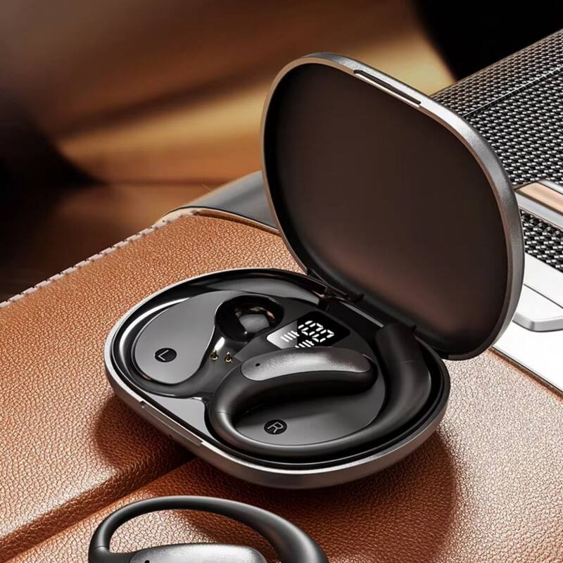 Back. SKRAN - Open-Ear Bluetooth Headphones with Active Noise Cancellation, Digital Display - for Sports, Office, Travel - Black.