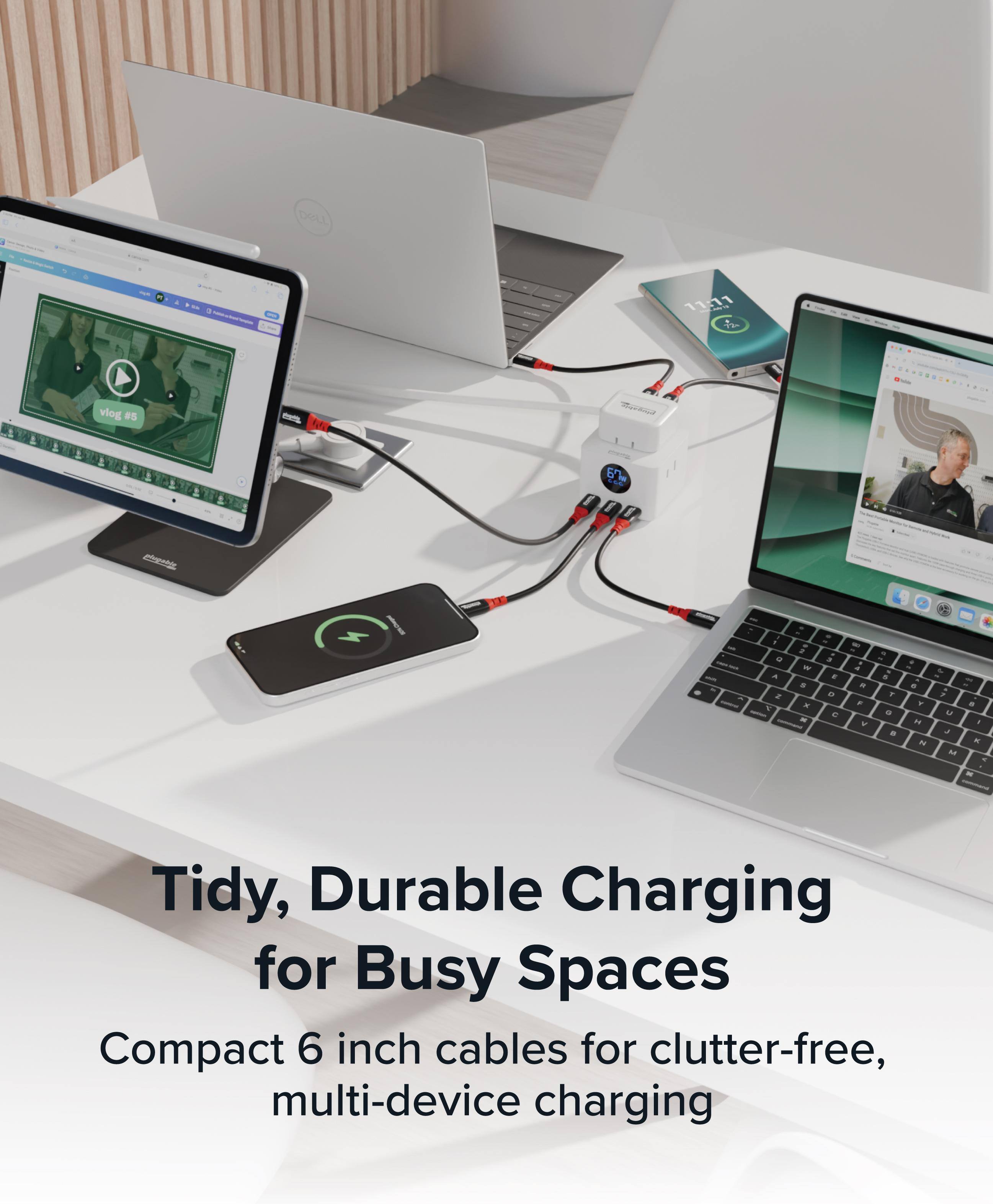 Tidy, Durable Charging for Busy Spaces  
Compact 6 inch cables for clutter-free, multi-device charging