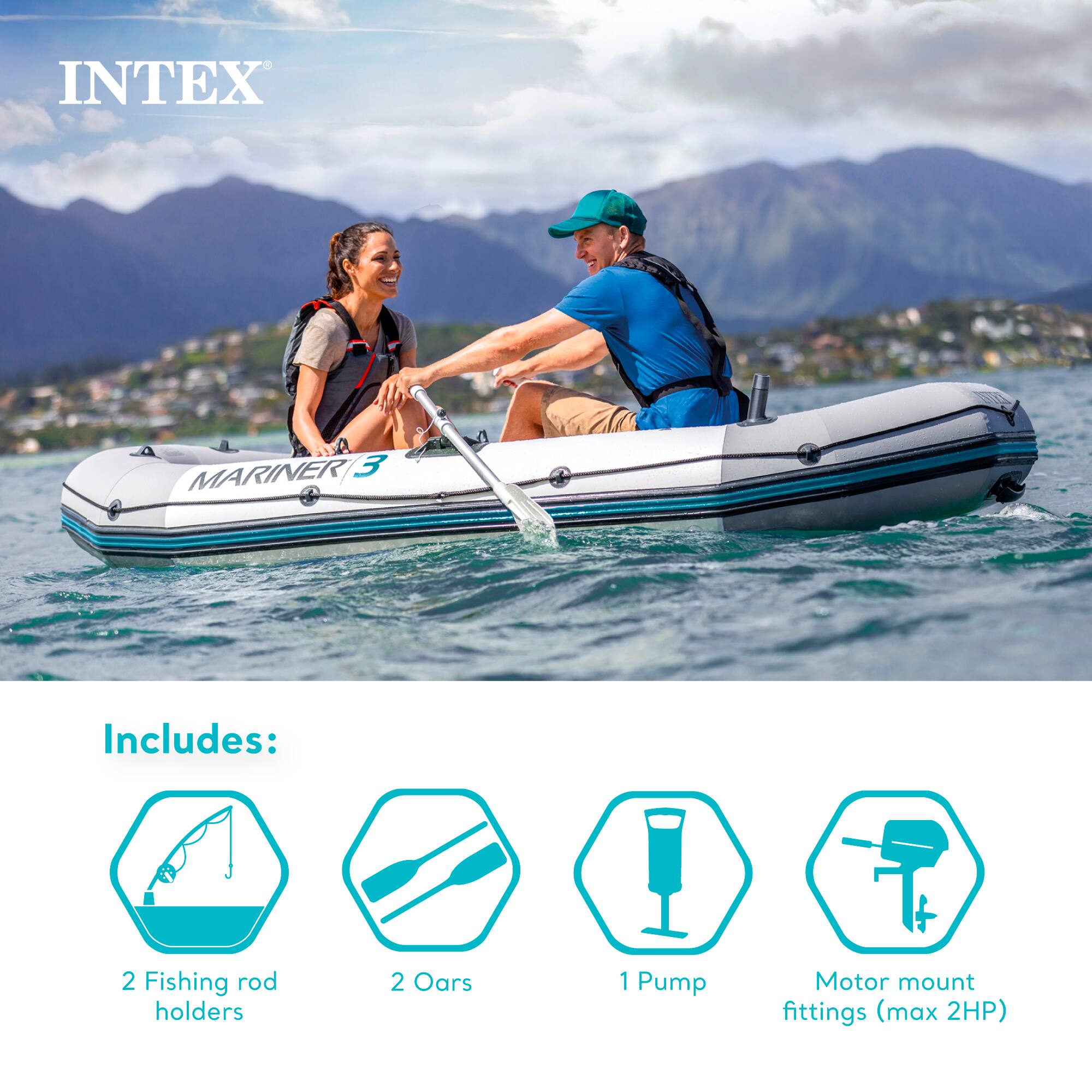 INTEX MARINER 3

Includes:
- 2 Fishing rod holders
- 2 Oars
- 1 Pump
- Motor mount fittings (max 2HP)