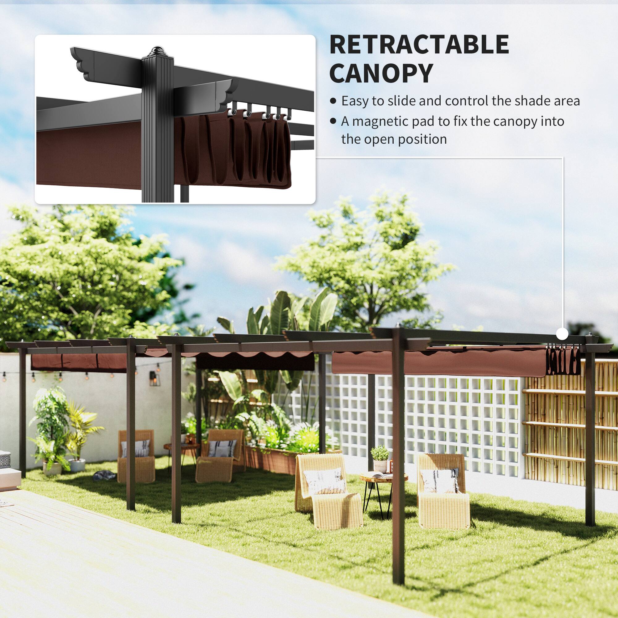 RETRACTABLE CANOPY

- Easy to slide and control the shade area
- A magnetic pad to fix the canopy into the open position