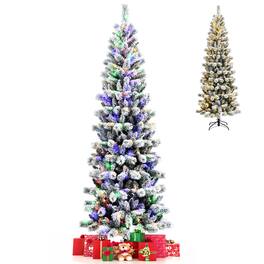 Gymax - 8 ft Pre-lit Snow Flocked Artificial Christmas Tree w/ Multi-Color LED Lights - White