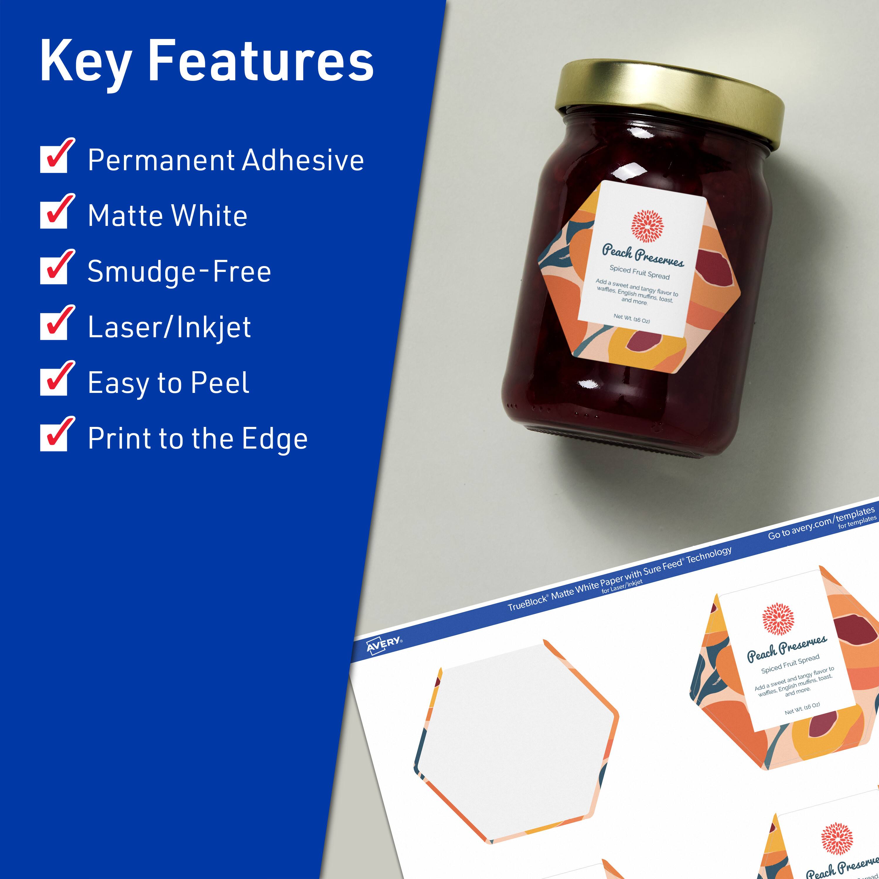 Key Features  
- Permanent Adhesive  
- Matte White  
- Smudge-Free  
- Laser/Inkjet  
- Easy to Peel  
- Print to the Edge  

Peach Preserves  
Spiced Fruit Spread  
Add a sweet and tangy flavor to waffles, English muffins, toast, and more.  
Net Wt. 8 OZ (227g)  

TrueBlock Matte White Paper with Sure Feed Technology  

Avery Templates  
avery.com/templates