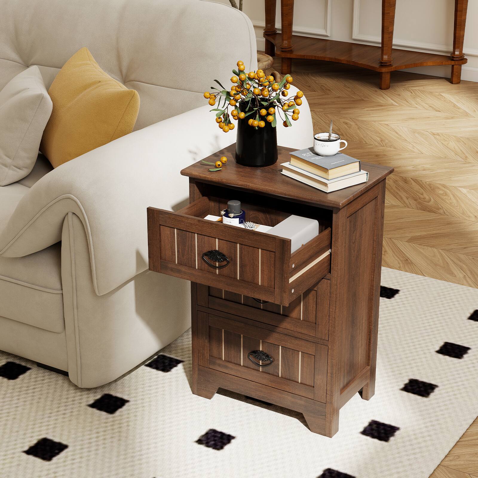 Alt View 4. Gymax - Gymax 3 Drawers End Table Nightstand Bedroom Storage Wood Slide Brown - Brown.