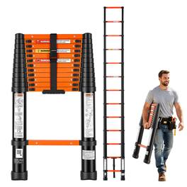VEVOR - Telescoping Ladder, 12.5 ft Extension Ladder Multi-Button Retraction, Heavy-Duty 330 lbs Capacity, for Home Repairs - Black;Orange