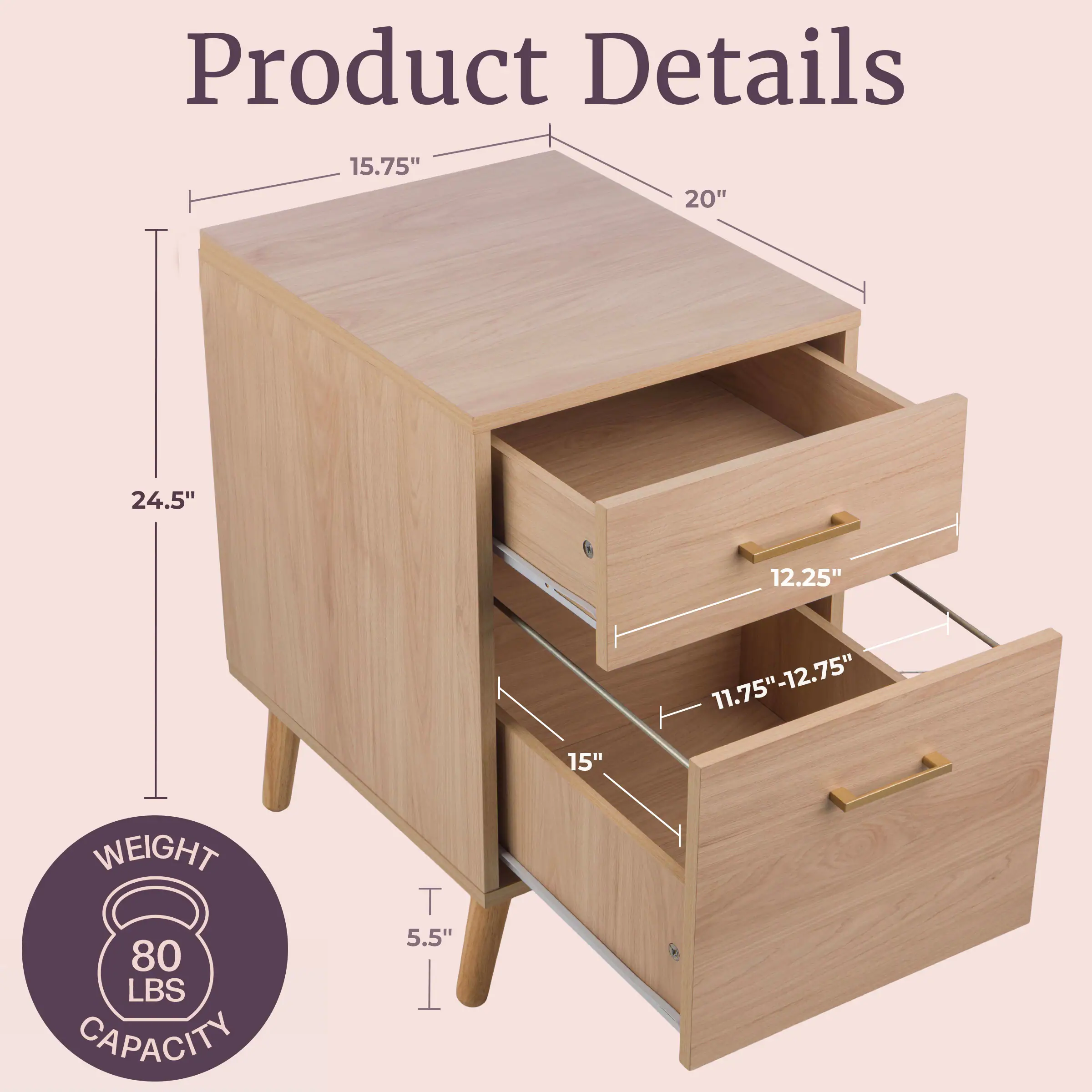 Product Details

- 15.75" 
- 20" 
- 24.5" 
- 12.25" 
- 15" 
- 11.75"-12.75" 
- 5.5" 

WEIGHT: 80 LBS 
CAPACITY