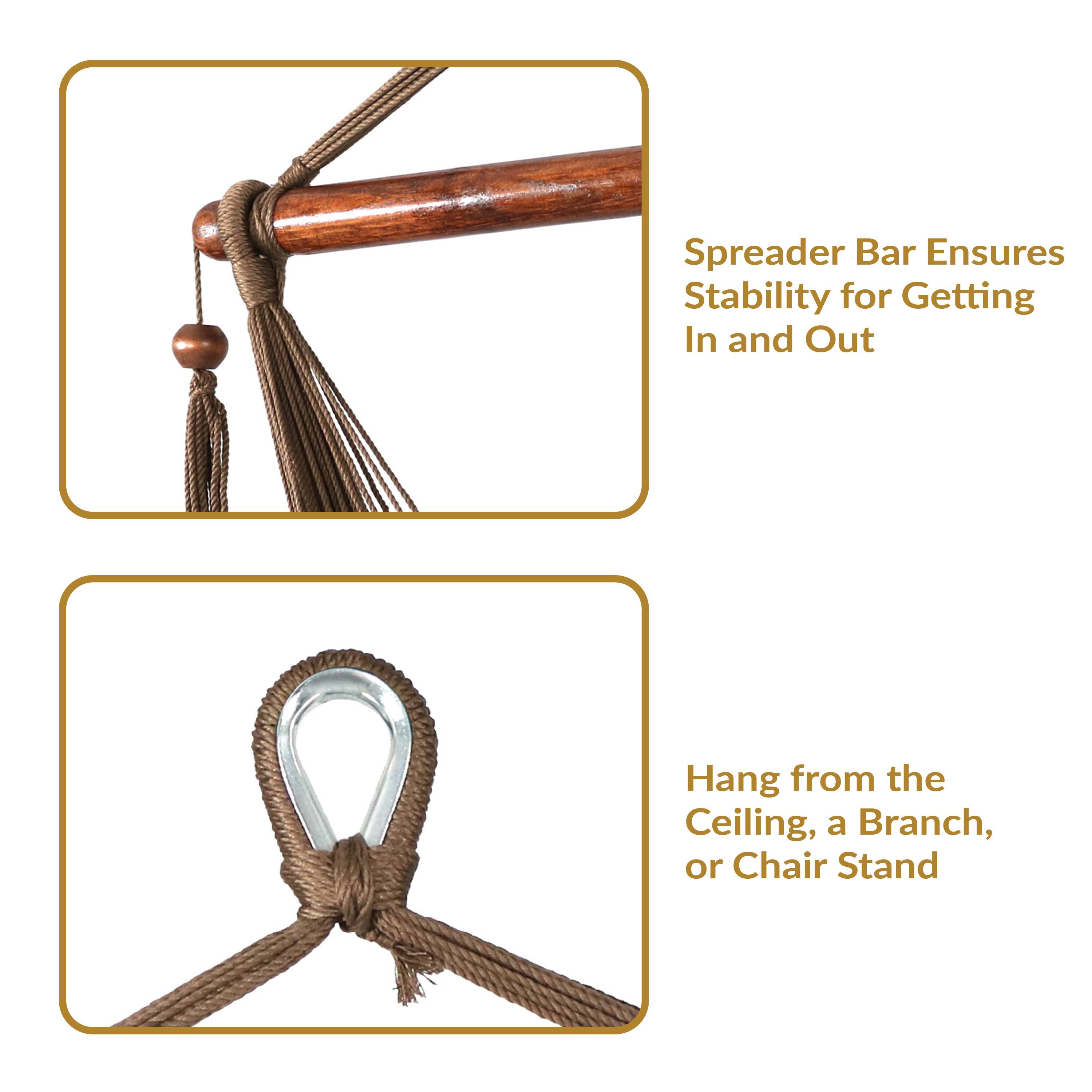 Spreader Bar Ensures Stability for Getting In and Out

Hang from the Ceiling, a Branch, or Chair Stand