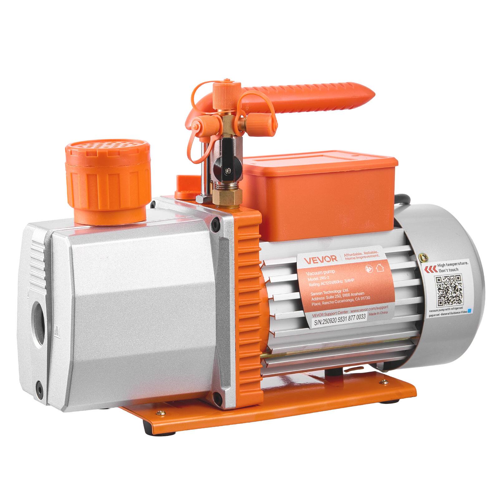Affordable. Reliable. VEVOR Home Improvement. Vacuum pump Model: 2RS-2 AC1201/60H: 3,4HP Rating: Technology Ltd. Sanven 250, 9166 Anaheim Address: Suite CA 51730 Place, Rancho Cucamonga, VEVOR Support Center www.vevor.com/support Made In China 5531 877 0033 SN250920

High temperature. Don't touch