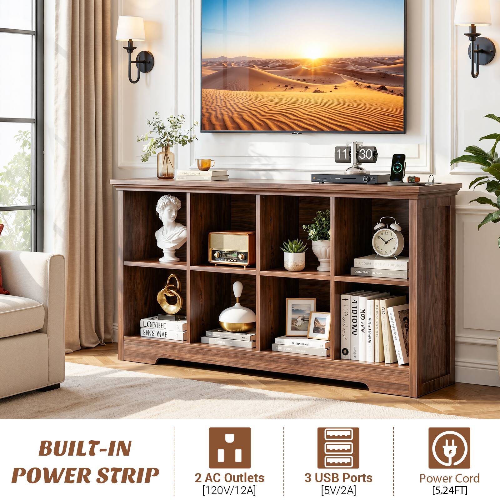 11:30 - T + . J - d 1 - - +    d - OAA OURITI .... LOFIEEE SHNS WAE 1 mIENS :  1010MV CON  W AM ea 10PImn EAI O wwwn _ BUILT-IN POWER STRIP 2 AC Outlets [120V/12A] 3 USB Ports [5V/2A] Power Cord [5.24FT]
