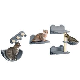 Pawhut - Cat Wall Shelves, 4 Pcs Cat Wall Furniture Cat Climbing Shelf with Cat Hammock, 3 Steps, Perches, Scratching Post - Gray