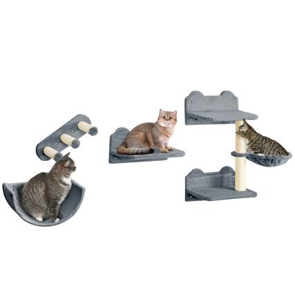 Front. Pawhut - Cat Wall Shelves, 4 Pcs Cat Wall Furniture Cat Climbing Shelf with Cat Hammock, 3 Steps, Perches, Scratching Post - Gray.