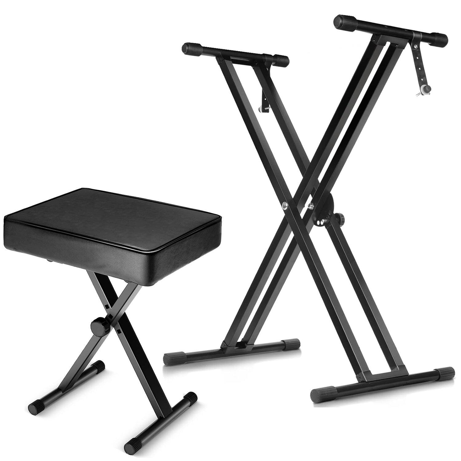 Front. 5 CORE - Keyboard Stand Double X Style Adjustable Piano Riser + Keyboard Piano Bench BLACK - Black.