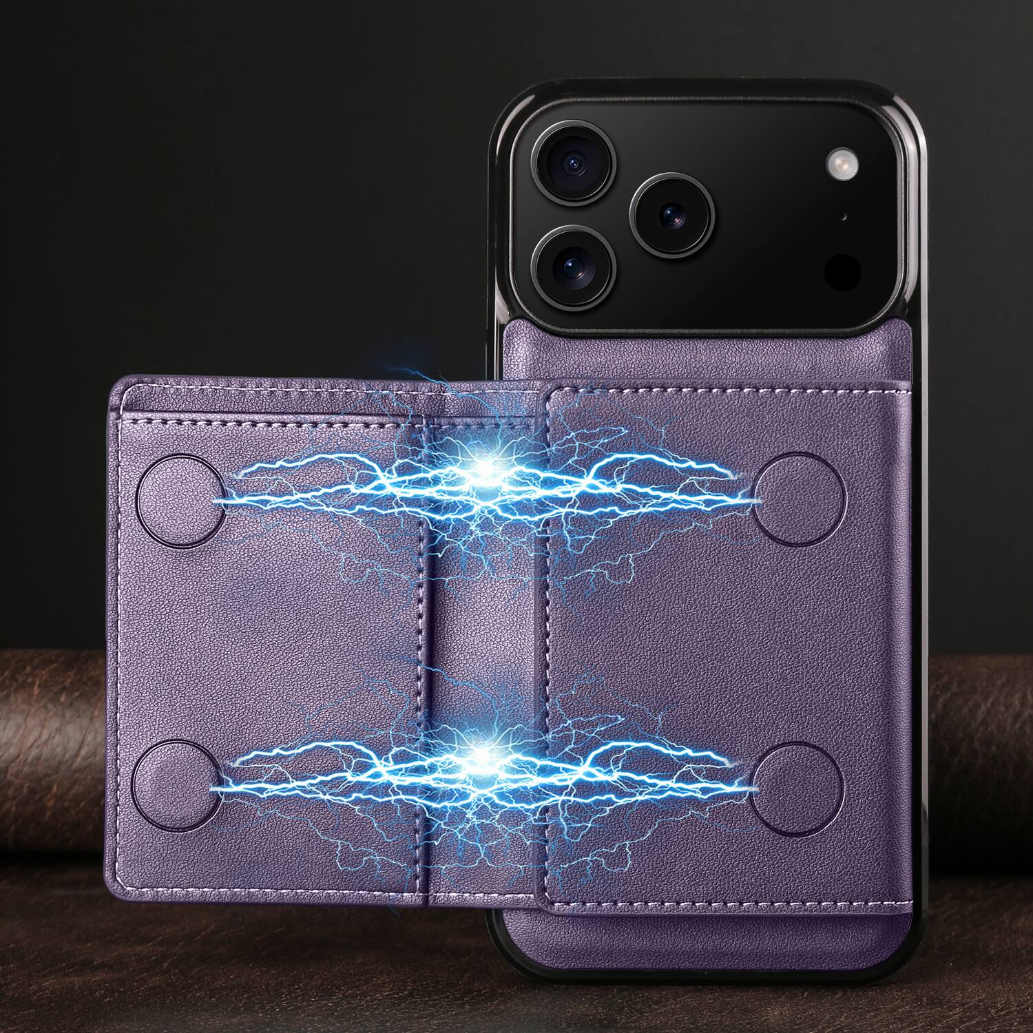 Alt View 4. Dteck - 2-in-1 Magnetic Detachable Wallet Case for Apple iPhone 17 Pro, PU Leather Shockproof Cover with Kickstand - Purple.