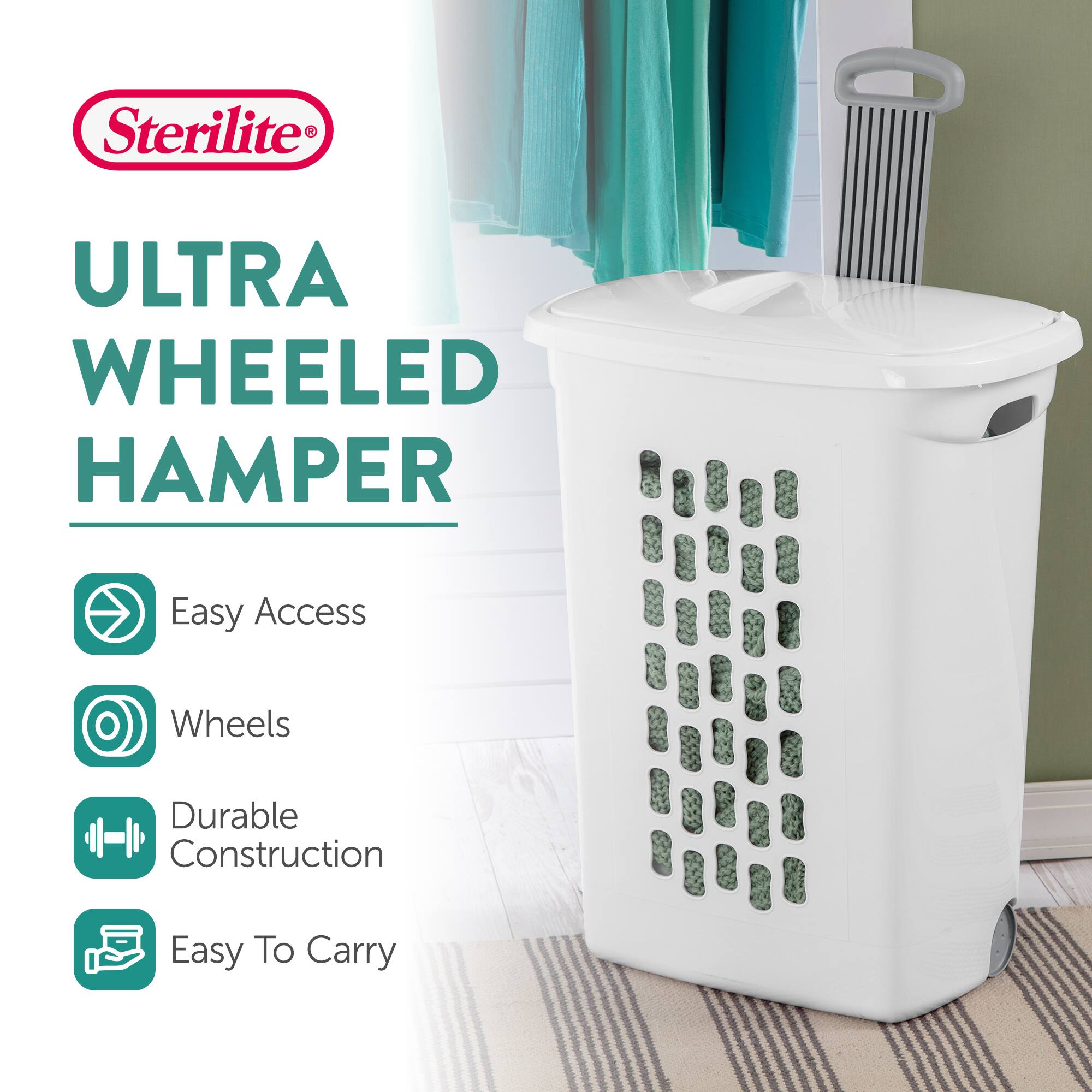 Sterilite ULTRA WHEELED HAMPER

- Easy Access
- Wheels
- Durable Construction
- Easy To Carry