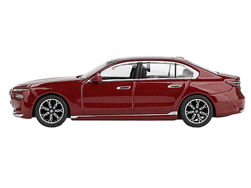 Angle. Mini GT - BMW i7 xDrive60 Aventurin Red Metallic Limited Edition 1/64 Diecast Model Car by Mini GT - Red Metallic.