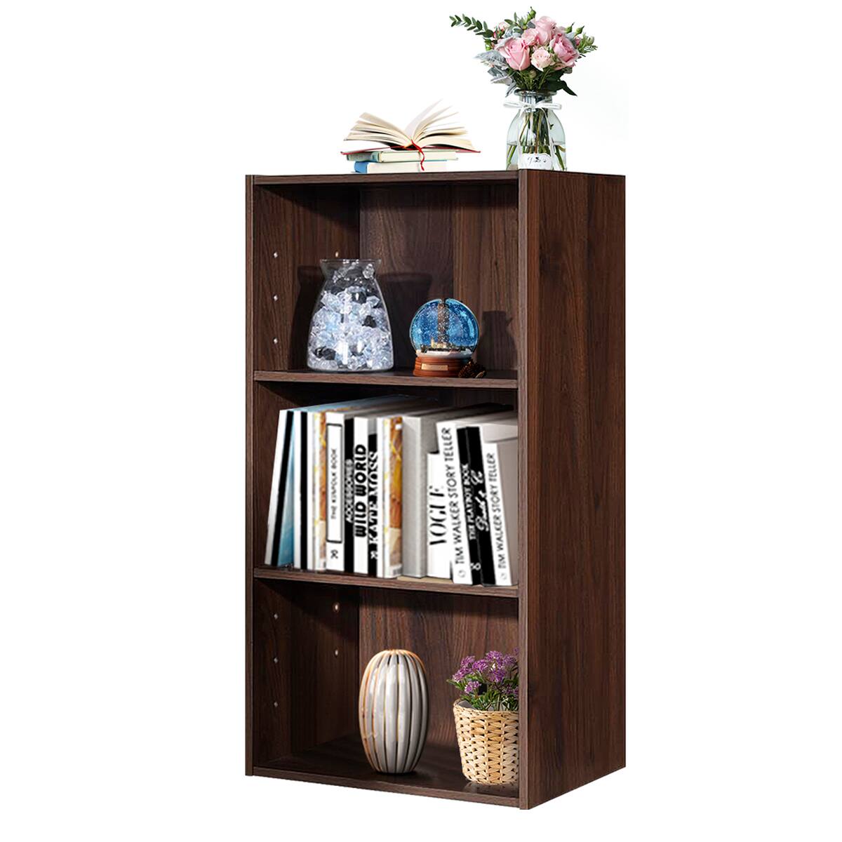 The image features a wooden bookshelf filled with various books and other items. There are several books of different sizes and colors, as well as a vase with flowers and a potted plant. The bookshelf is also adorned with a vase of flowers and a potted plant, adding a touch of nature and decoration to the space. The arrangement of the books and the presence of the vase and plant create a visually appealing and organized display.