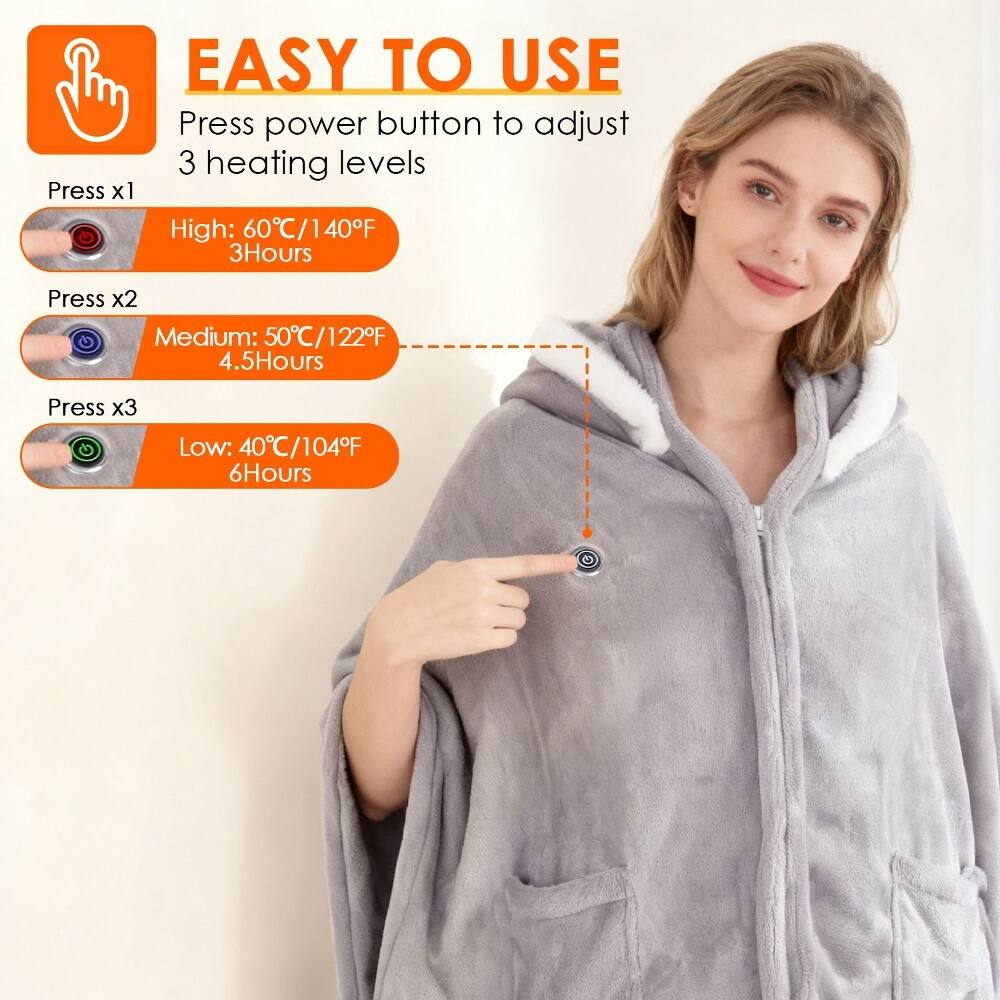 EASY TO USE  
Press power button to adjust 3 heating levels  
Press x1 High: 60°C/140°F 3Hours  
Press x2 Medium: 50°C/122°F 4.5Hours  
Press x3 Low: 40°C/104°F 6Hours