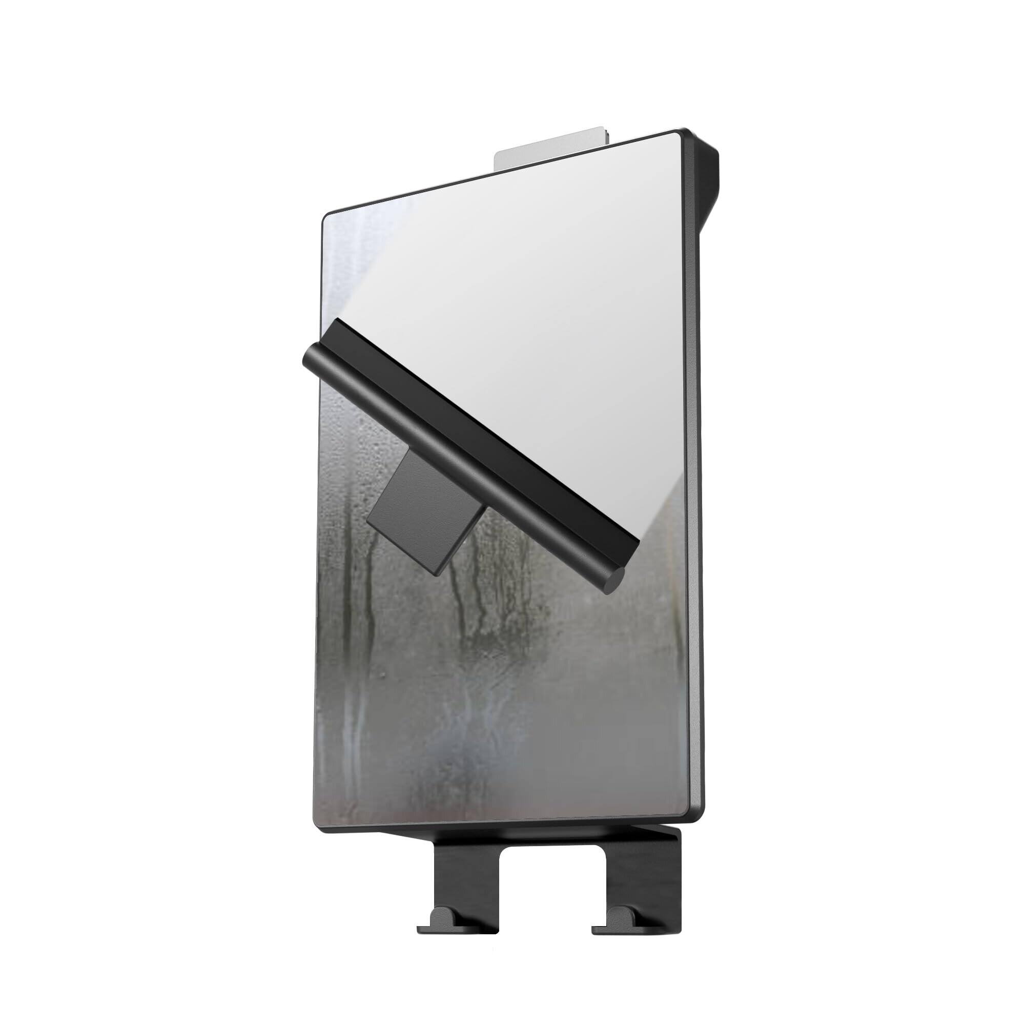 Front. Dazzed Corner - Fogless Shower Mirror with Water Tank, Adhesive Hook, Razor Holder & Squeegee - Black.