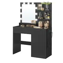 Songmics Home - Vanity Desk with Power Outlets and LED Lights, 35.4-Inch Wide Makeup Table with Mirror, Drawer and Cabinet, for Bedroom - Ink Black