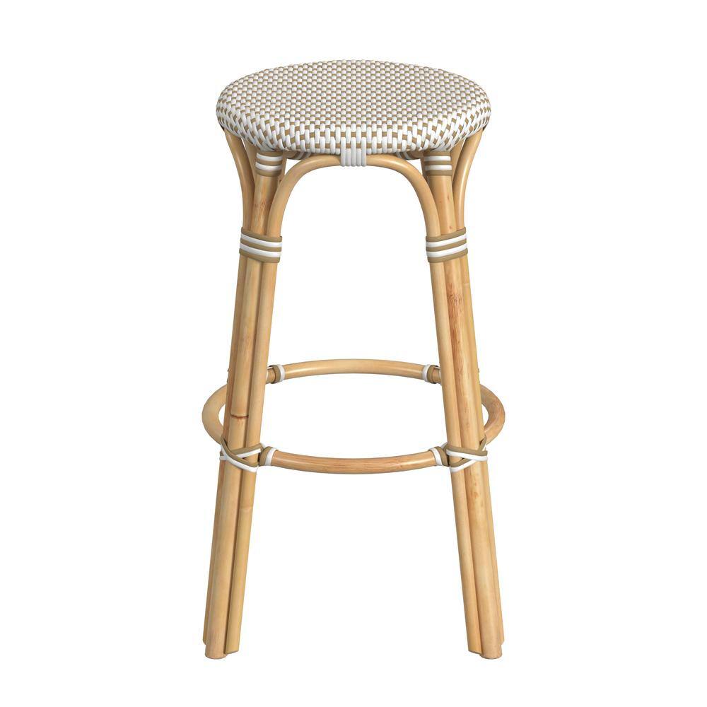 Alt View 3. Butler Specialty - Tobias Round Rattan 30" Bar Stool - White And Tan Dot.