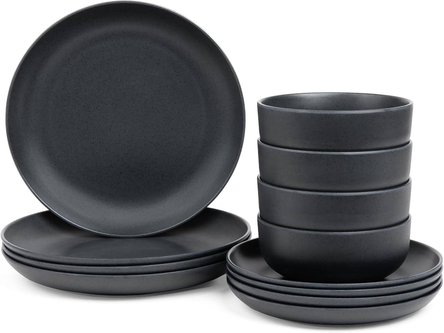 Left. Larder & Vine - 12-Piece Casa Modern Dinnerware Set for 4, Made from 100% BPA-Free Melamine - Black Stone.