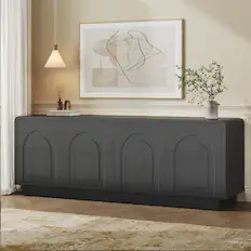 Front. Bestier - 63" TV Stand for TVs up to 70", Modern Mid-Century Elegant 4-Door Media Console with Arched Fluted Panels and Shelving - Black Grained.