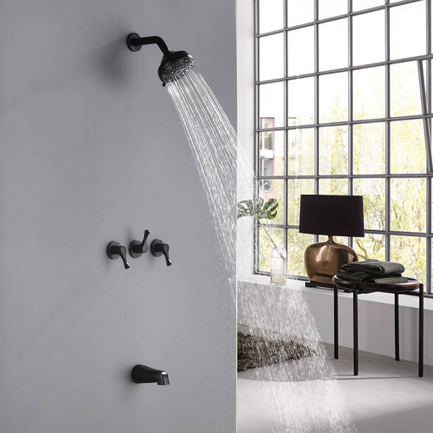 Alt View 3. Boyel Living - Matte Black Shower Set with 6 Function ABS Overhead Shower Three Handle Control and High Flow Tub Spout - Matte Black.