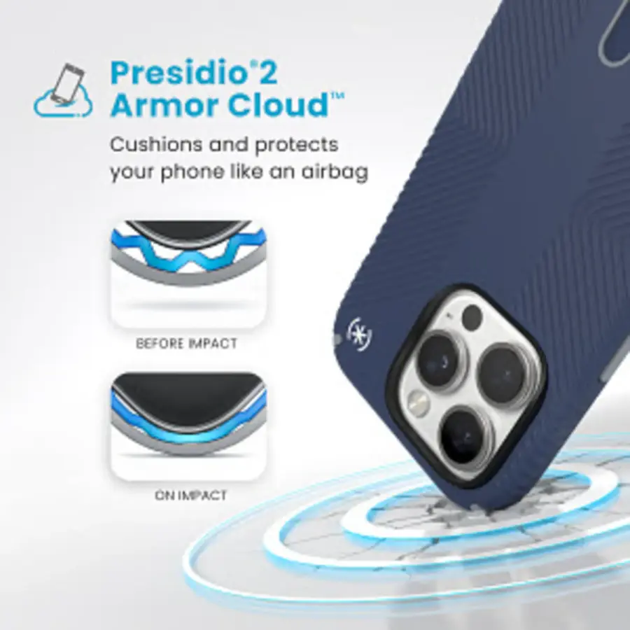 Presidio 2 Armor Cloud: Cushions and protects your phone like an airbag. Before impact. On impact.