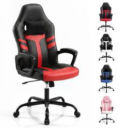 Costway - Faux Leather Upholstered Office Chair with Removable Head Pillow, Padded Armrests - Red + Black