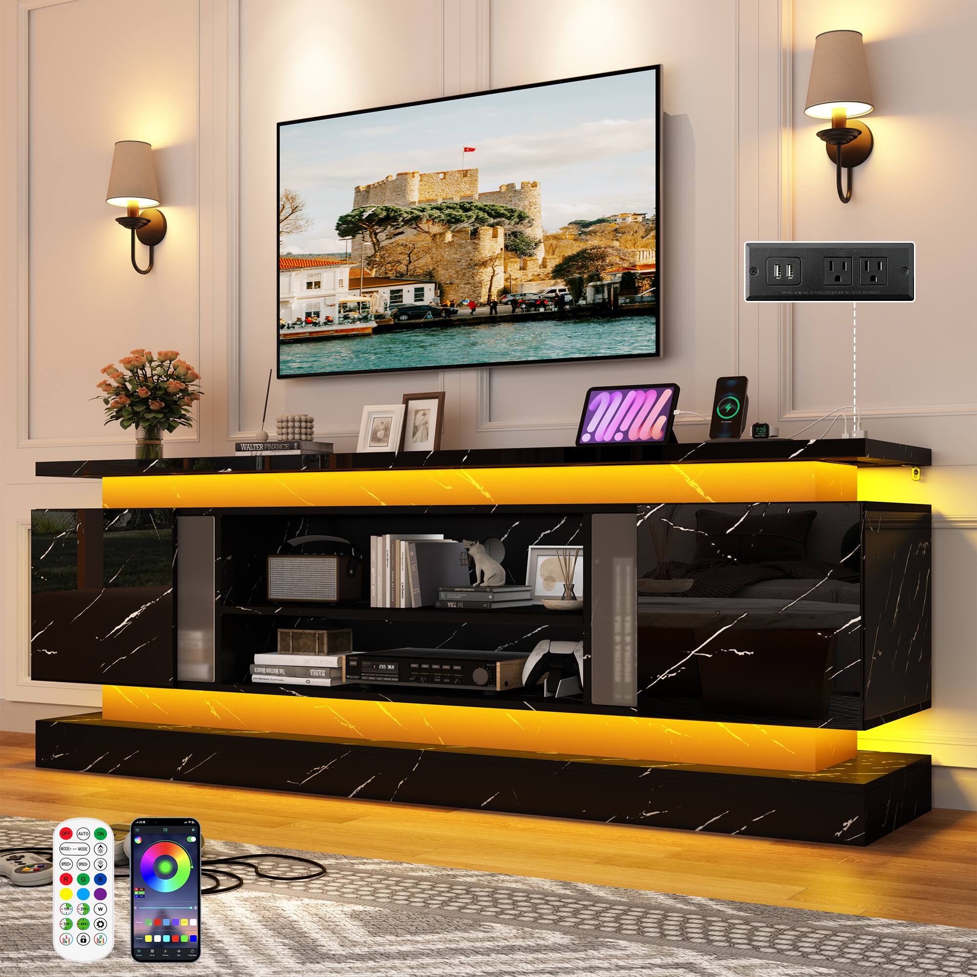 Angle. Espafurni - 71" LED TV Stand w/Power Outlet for 75-85" TV, High Gloss, 2 Cabinets & Dual LED Lights - Black Marble.
