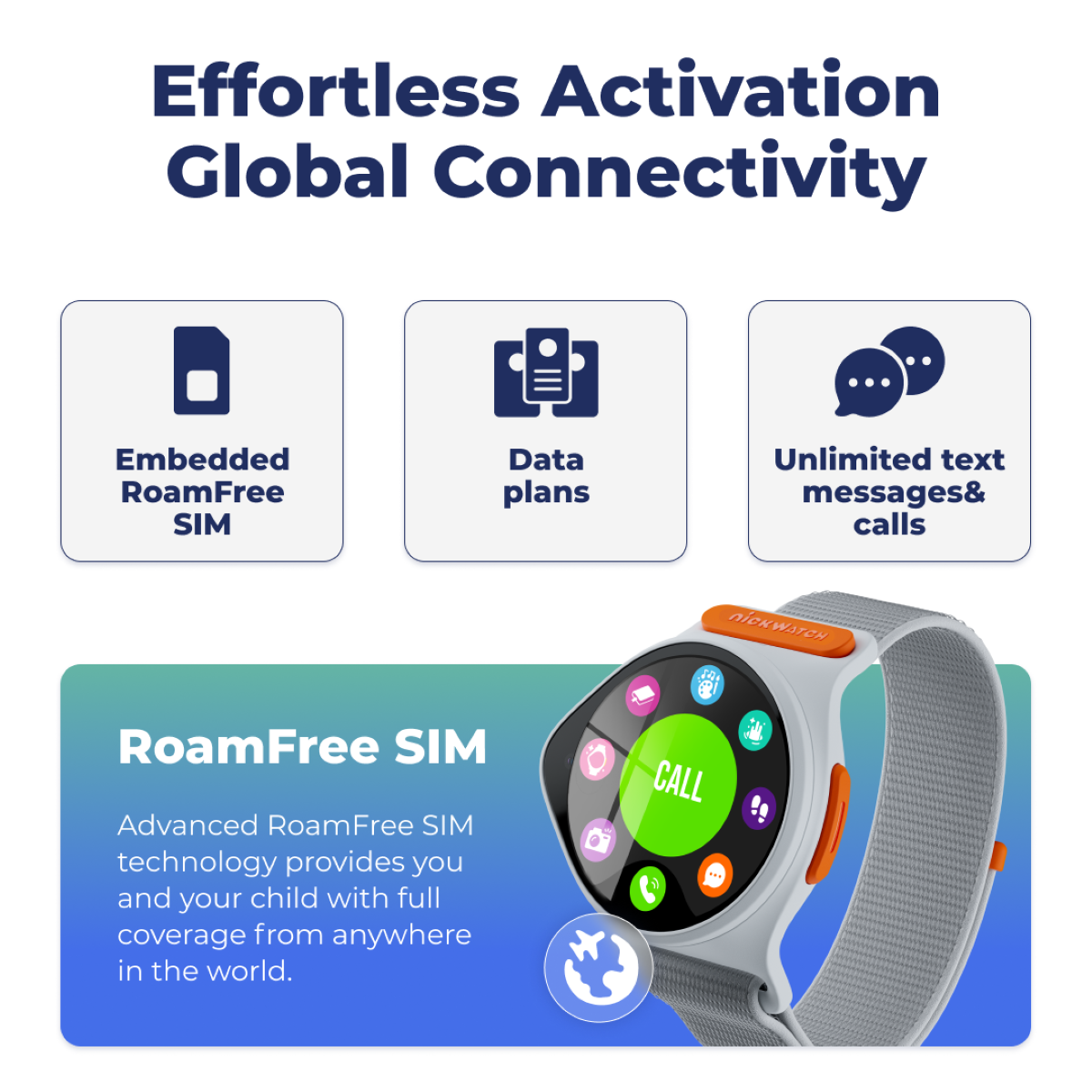 Effortless Activation Global Connectivity ... Embedded RoamFree SIM Data plans Unlimited text messages & calls Advanced RoamFree SIM technology provides you and your child with full coverage from anywhere in the world.