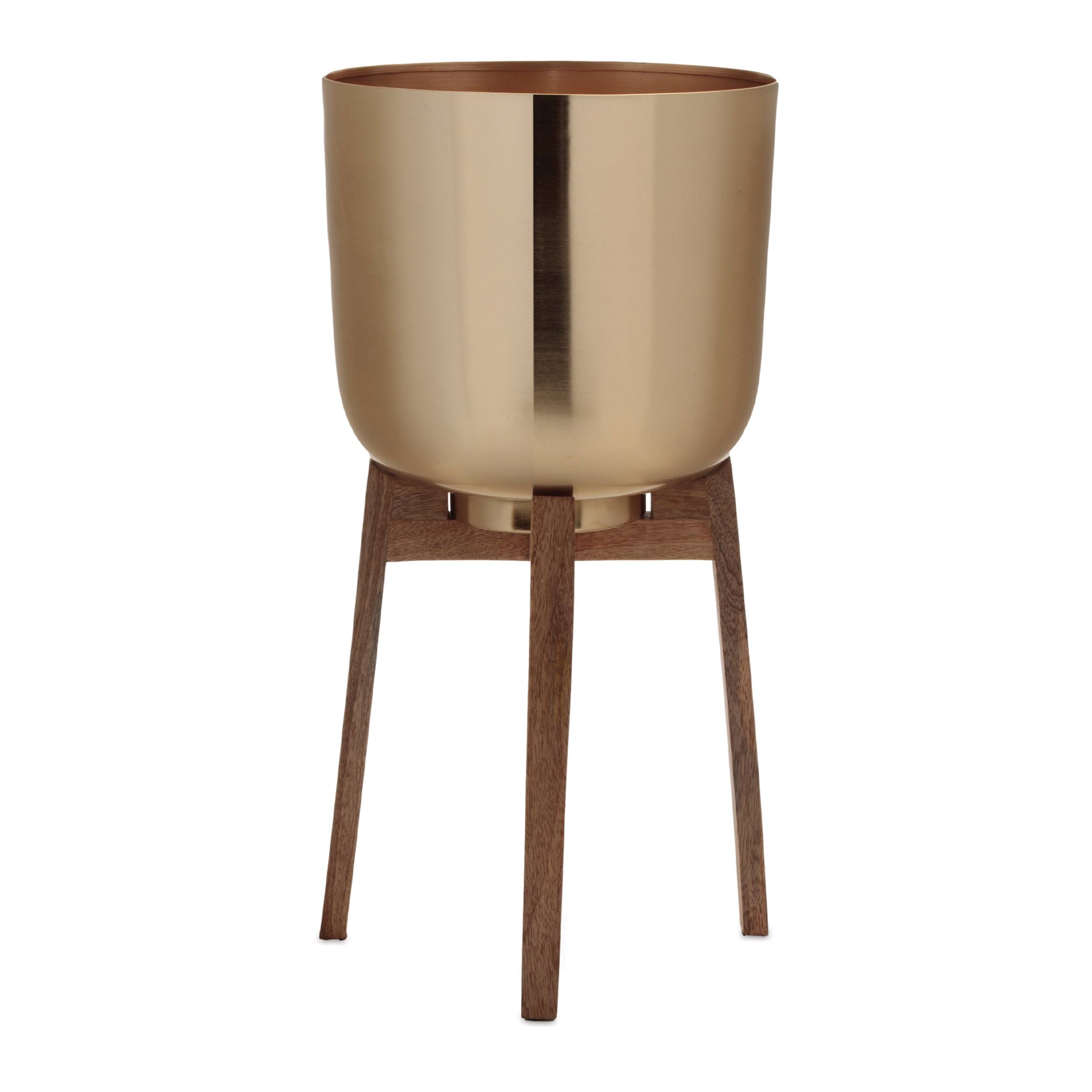 Angle. BreeBe - Round Metal Planter with Wooden Stand (Set of 2) - Gold.