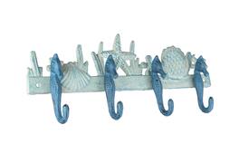 Zeckos - /White Cast Iron Seahorses Decorative Wall Hook Hanging Towel or Coat Rack - Blue
