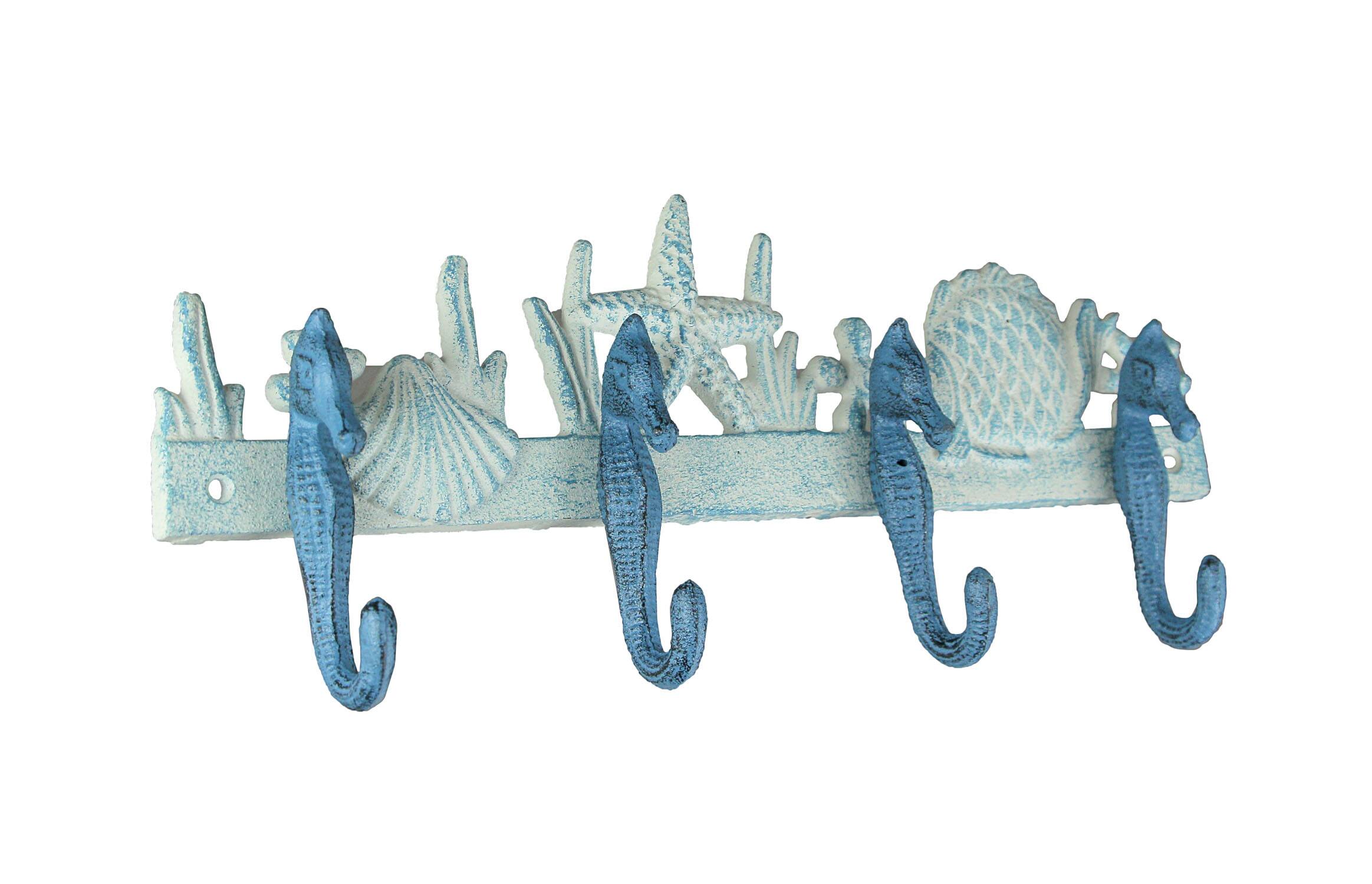 Front. Zeckos - Blue/White Cast Iron Seahorses Decorative Wall Hook Hanging Towel or Coat Rack - Blue.