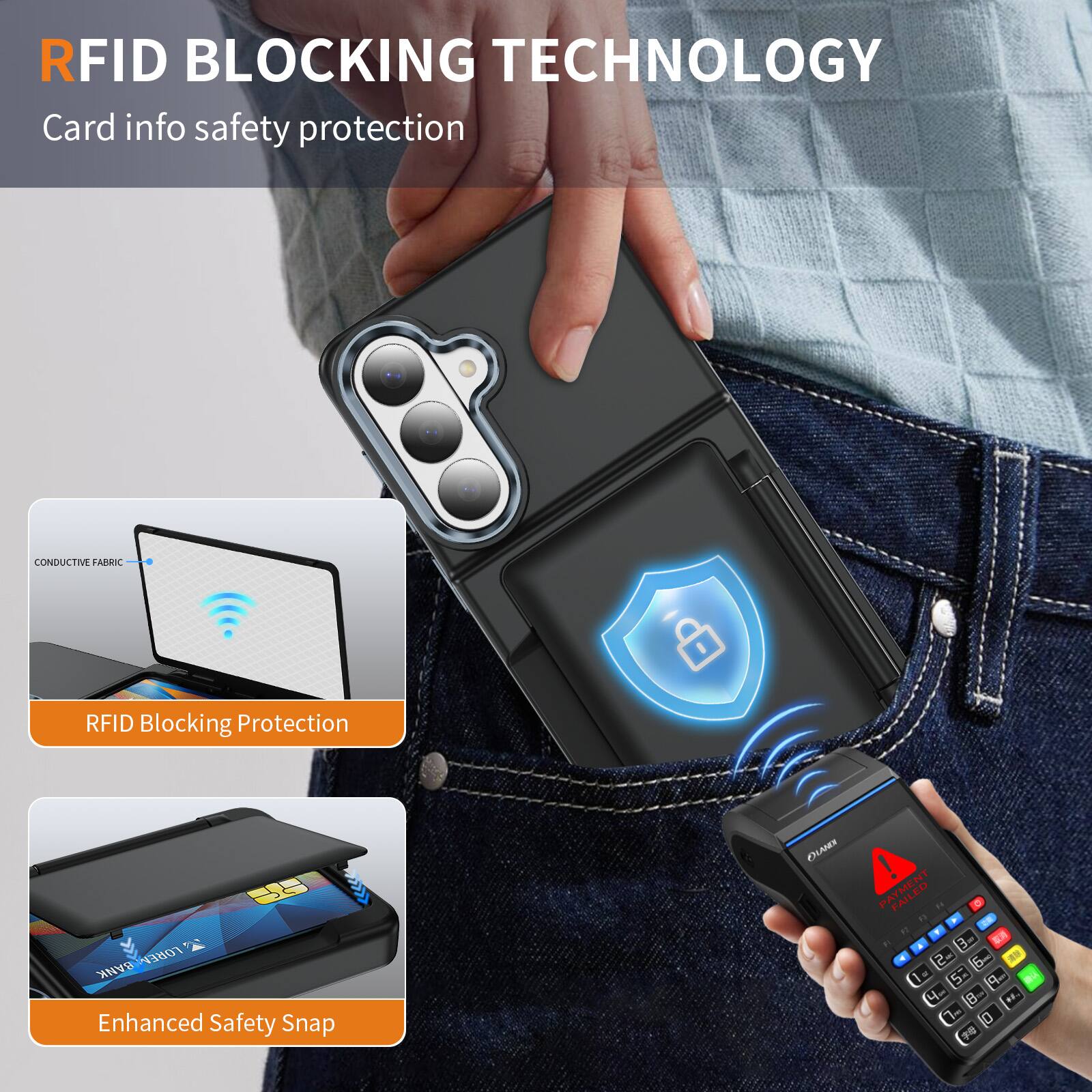 RFID BLOCKING TECHNOLOGY  
Card info safety protection  

CONDUCTIVE FABRIC  
RFID Blocking Protection  

Enhanced Safety Snap  

LORENBANK  
LOREL BANK  

CONDUCIVE FABRIC  
RFID Blocking Protection  

LORENBANK  
LOREL BANK  

Enhanced Safety Snap  

11 11 - 3  
2 5  
1- S- 4  
RU  
8  
A 1- 1 1