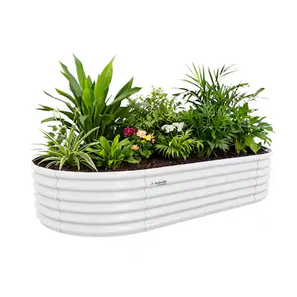 Front. A Anleolife - White Metal Oval Raised Garden Bed Planter Box for Planting Vegetables Flowers Herb (96 in. L x 48 in. W x 18 in. H).