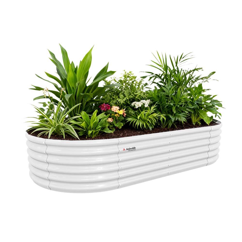 Front. A Anleolife - White Metal Oval Raised Garden Bed Planter Box for Planting Vegetables Flowers Herb (96 in. L x 48 in. W x 18 in. H).