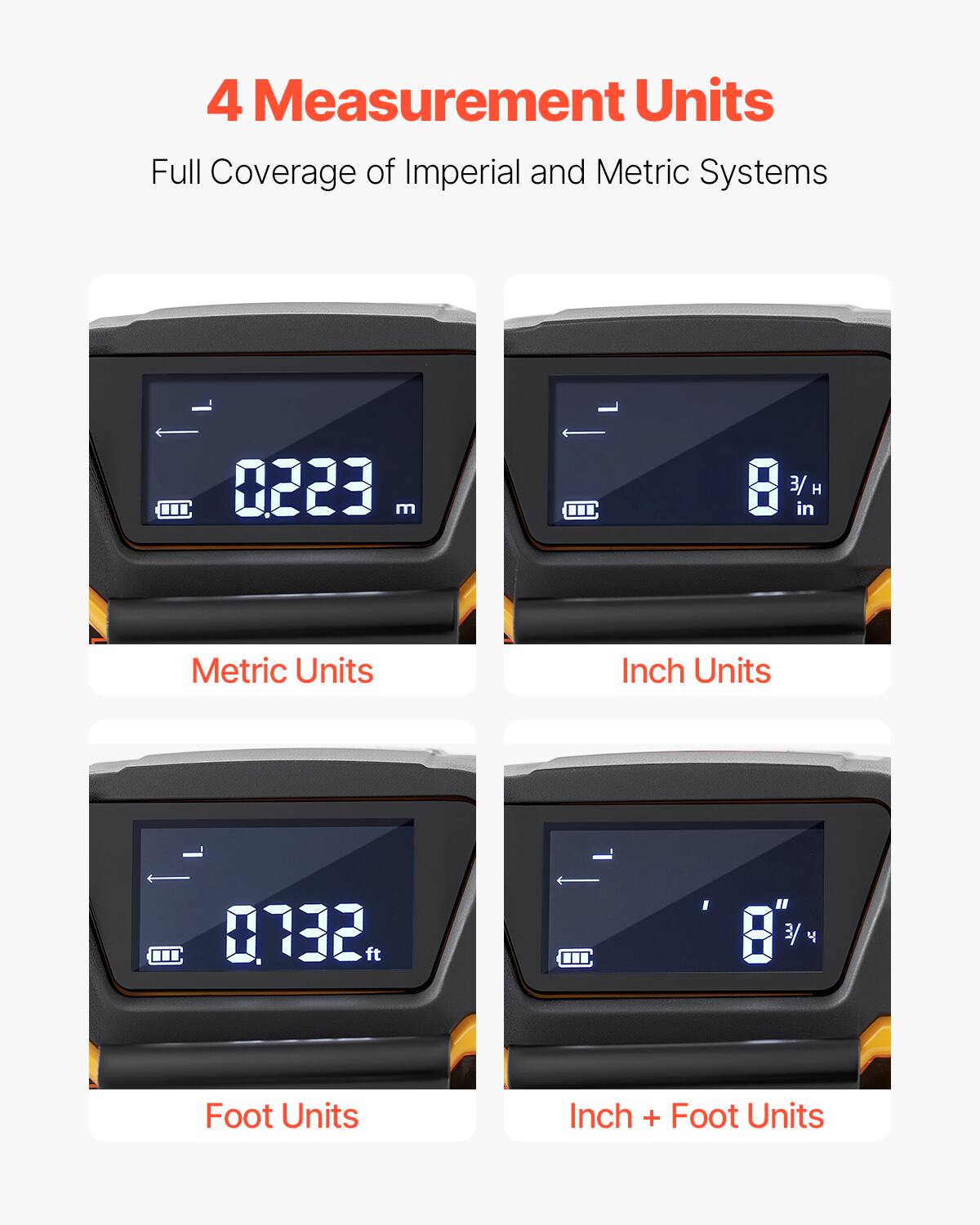 4 Measurement Units  
Full Coverage of Imperial and Metric Systems  

Metric Units  
0.223 m  

Inch Units  
8 3/4 in  

Foot Units  
0.732 ft  

Inch + Foot Units  
8 3/4