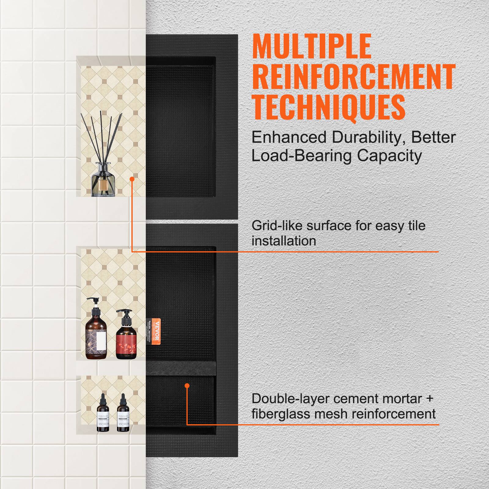 MULTIPLE REINFORCEMENT TECHNIQUES  
Enhanced Durability, Better Load-Bearing Capacity  
Grid-like surface for easy tile installation  
Double-layer cement mortar + fiberglass mesh reinforcement