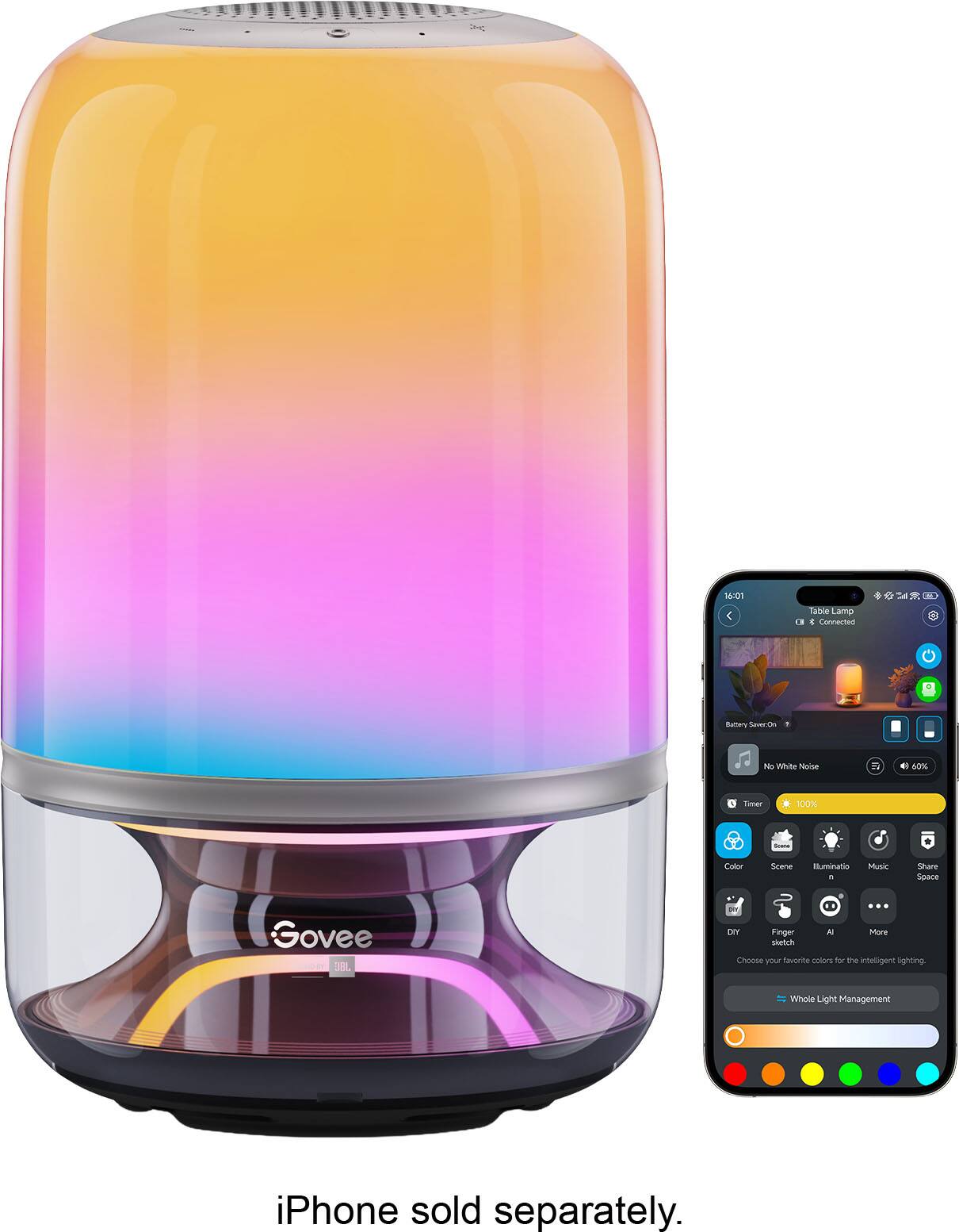 16101 - Table Lamp  
Connected 1 LT  
Battery Saver: On  
No White Noise  
Timer: 100%  
Color Scene Illumination - Music Share Space  
Govee  
DY DEY Finger Sketch  
Choose your favorite colors for the intelligent lighting  
Whole Light Management  
iPhone sold separately.